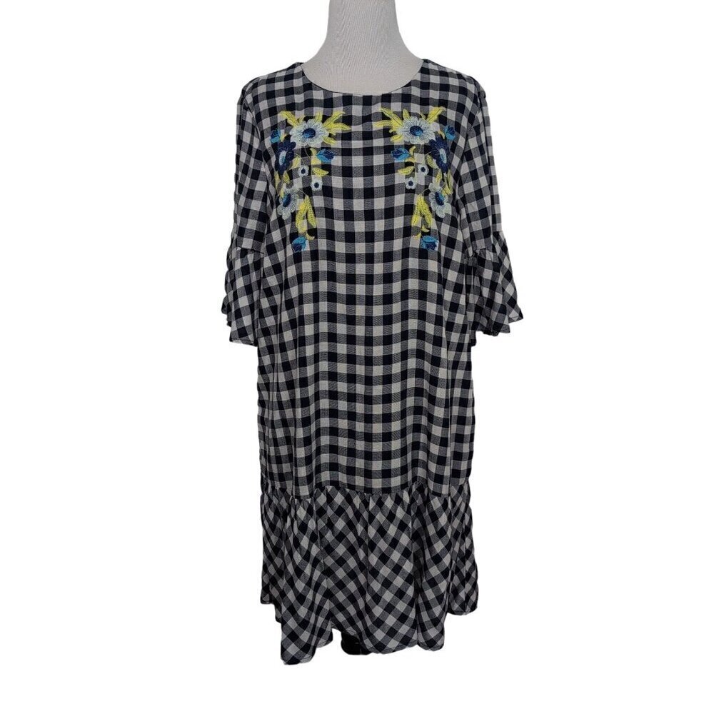 Label by 5 Twelve Dress Womens Size Medium Navy Blue Floral Gingham Check Lined